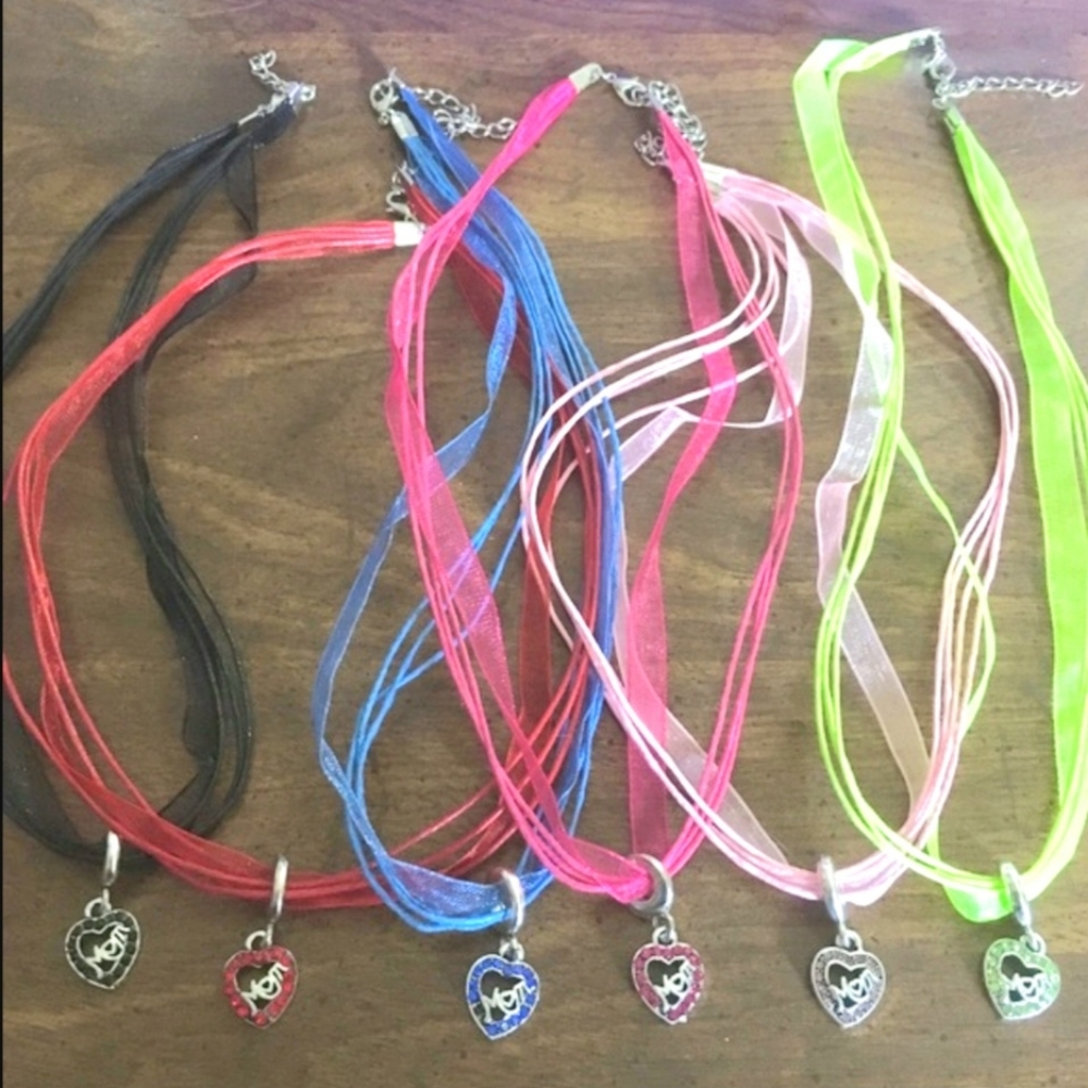 MOM Heart Pendant Ribbon Necklace Bright Neon Pink Red Blue Yellow Black - Picture 10 of 10